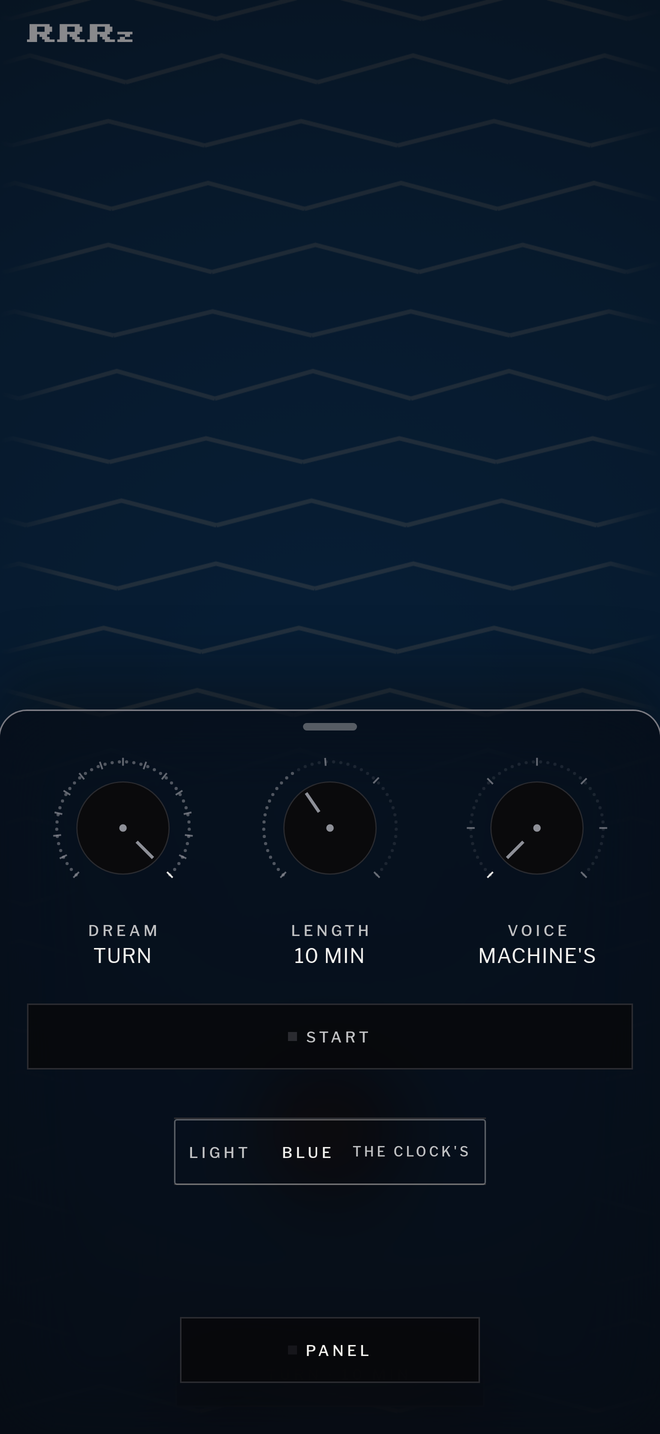 Today's panel open over the cloth at the same hour: the same three dials, DREAM TURN, LENGTH 10 MIN and VOICE MACHINE'S, the START key, one row reading LIGHT BLUE THE CLOCK'S, and the PANEL key at the foot.