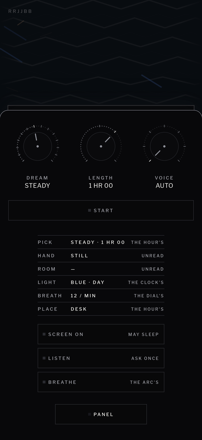 Version one's panel open over the cloth: three dials, DREAM STEADY, LENGTH 1 HR 00 and VOICE AUTO, a START key, then six rows, PICK, HAND, ROOM, LIGHT, BREATH and PLACE, three keys, SCREEN ON, LISTEN and BREATHE, and a PANEL key at the foot.