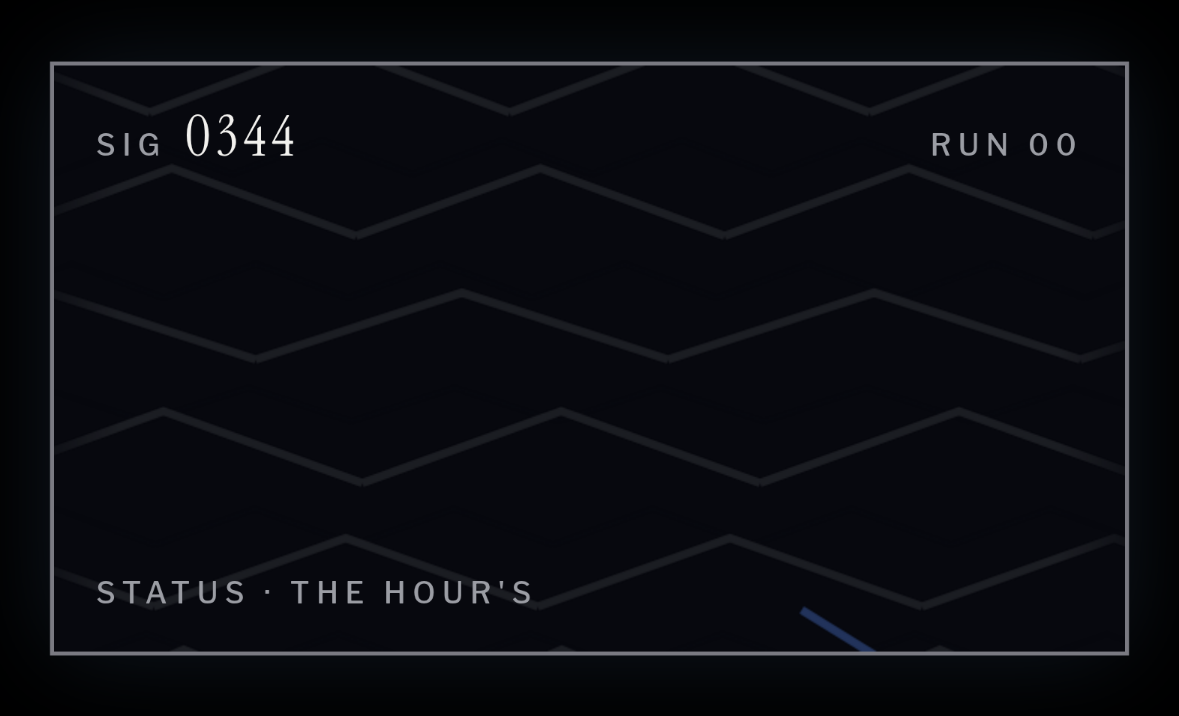 The machine’s own plate on black, as the lock screen wears it: a thin gray rectangle holding a faint woven pattern, SIG 0344 at its top left, RUN 00 at its top right, STATUS · THE HOUR’S along its foot, and the middle left empty. The empty middle is where the phone draws its own clock.